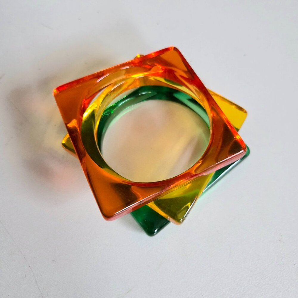 Set of 3 Lucite orange yellow green square bangles. - Picture 9 of 9